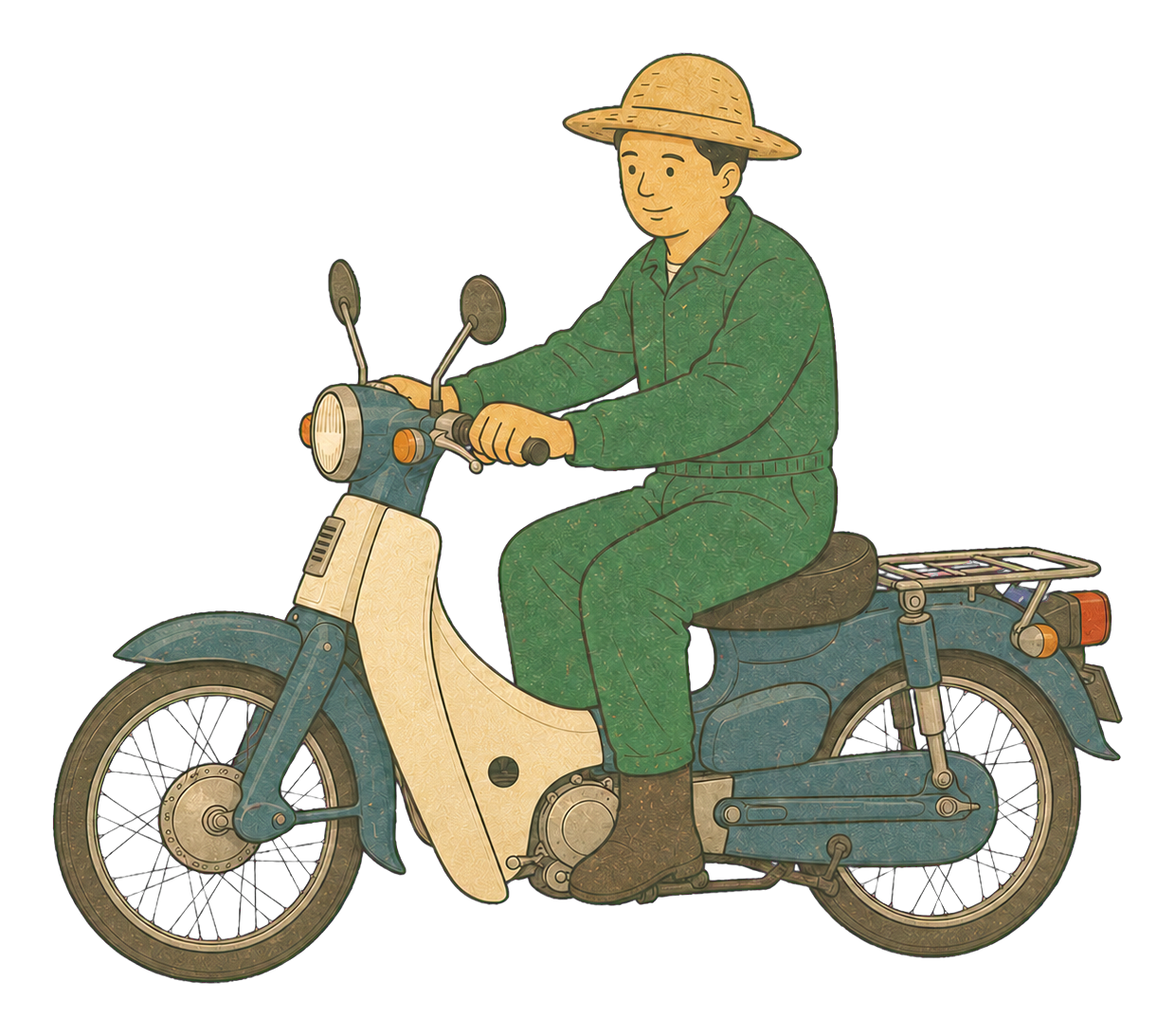 スーパーカブで畑へ向かう農家のイラスト